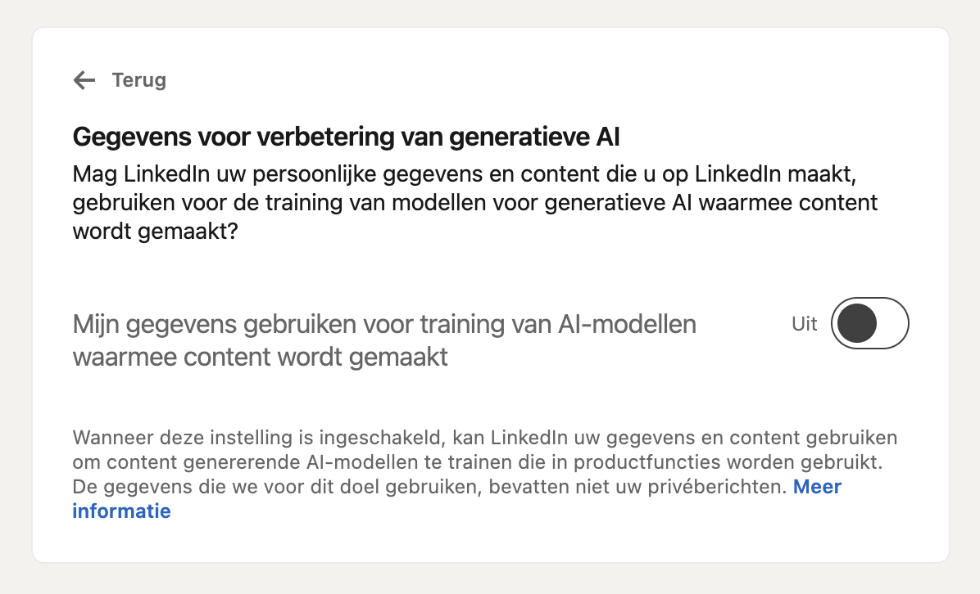 Na Facebook zal ook LinkedIn de data van haar gebruikers gaan gebruiken om AI te trainen. Het nieuws hierover is niet nieuw, maar nu slaat de Nederlandse Autoriteit Persoonsgegevens alarm. Gebruikers wordt aangeraden het trainen van AI op deze manier uit te schakelen.<!--more--> <h2>LinkedIn gaat je data gebruiken voor AI</h2> Gebruikers met een LinkedIn-profiel worden opgeroepen uit te schakelen dat je persoonlijke data gebruikt wordt voor het trainen van AI. Via een mail worden leden van LinkedIn geattendeerd op het feit dat hun gegevens gebruikt zullen gaan worden voor het trainen van de kunstmatige intelligentie. In diezelfde mail worden gebruikers ook gewezen op het feit dat dit uitgeschakeld kan worden. De Nederlandse Autoriteit Persoonsgegevens roept nu op dit ook te doen. De toezichthouder geeft aan zich 'grote zorgen' te maken over de plannen van LinkedIn. Wanneer gegevens eenmaal in de molen zitten van het AI-model, dan hebben gebruikers geen controle meer over wat er met de gegevens gebeurt. Tot 3 november hebben gebruikers de mogelijkheid om de instelling uit te vinken dat hun gebruikersdata gebruikt mag worden voor het trainen van AI. Je kunt dit op twee manieren doen; via de instellingen in de LinkedIn app, of middels een specifieke instelling. Via <a href="https://www.linkedin.com/mypreferences/d/settings/data-for-ai-improvement" target="_blank" rel="noopener">je persoonlijke instellingen</a> kun je dit uitschakelen.