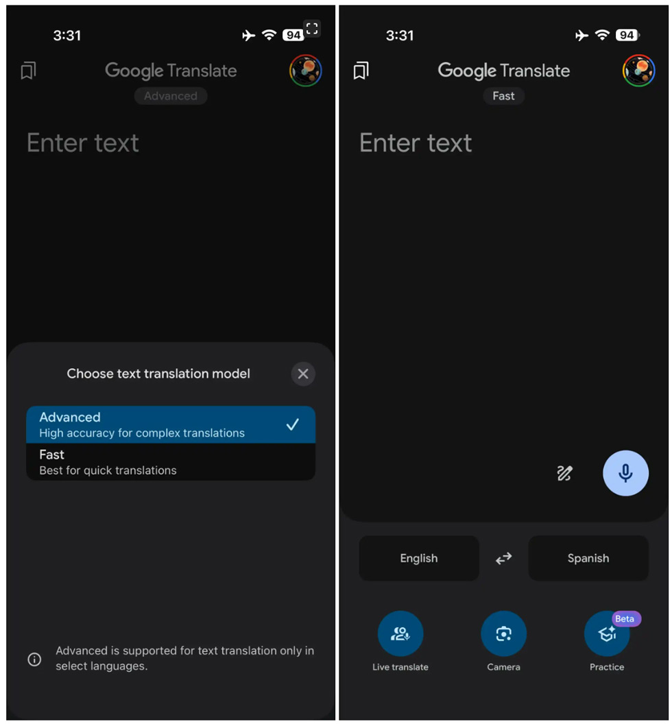 Google Translate fast advanced