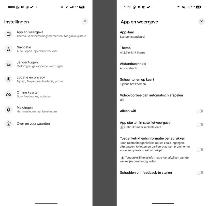 Google Maps instellingen 