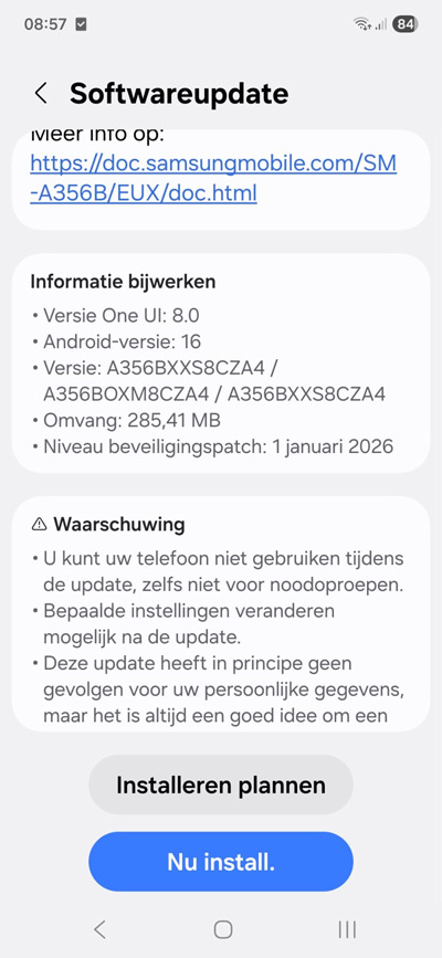 Galaxy A35 januari 2026 update