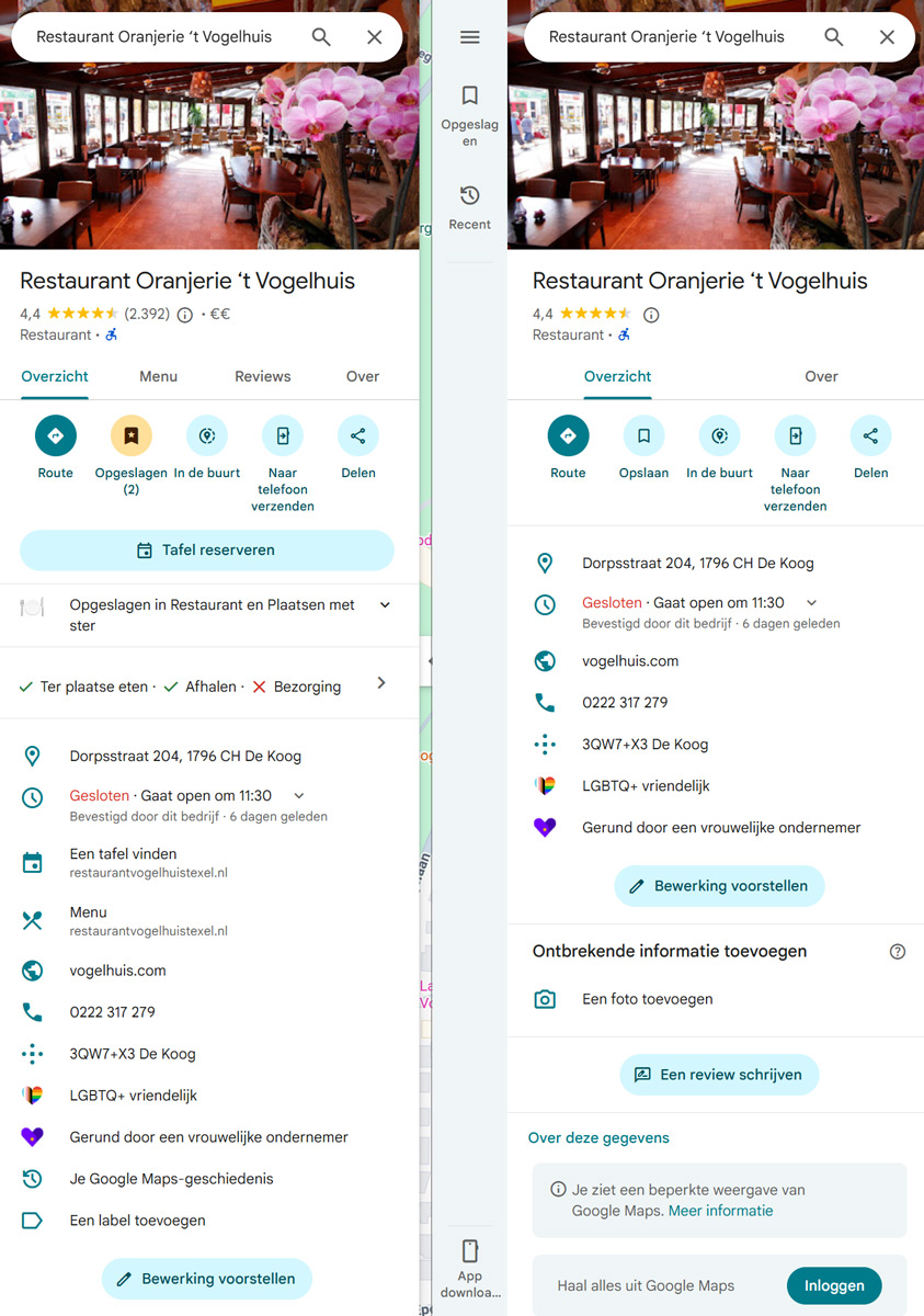 Google Maps ingelogd restaurant