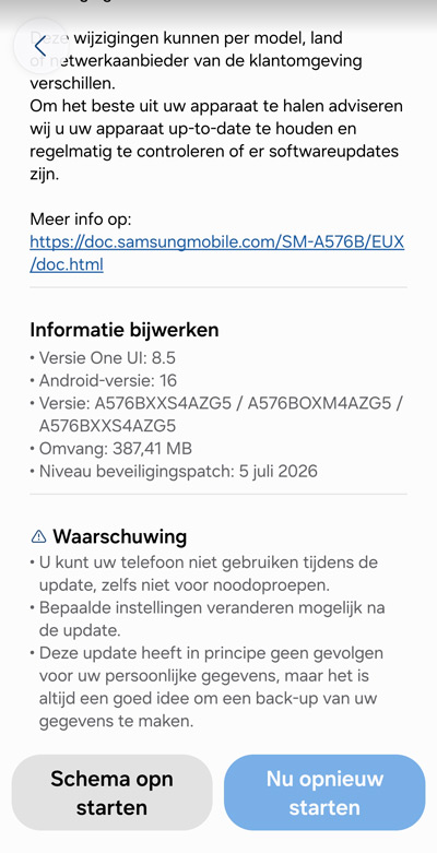 Galaxy A57 beveiligingsupdate juli